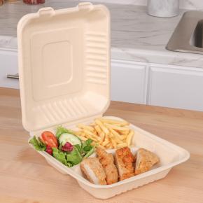 Biodegradable 3-Compartment Clamshell To Go Container with Hinged Lid 